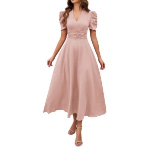 Women's High-Waisted Solid-Color Short-Sleeve Dress 009