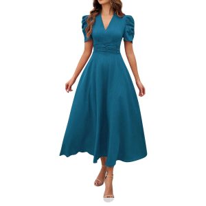 Women's High-Waisted Solid-Color Short-Sleeve Dress 005