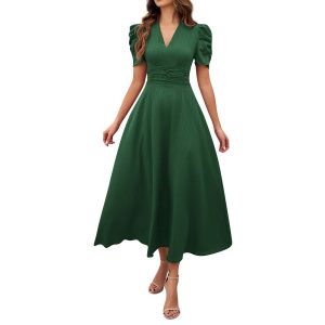 Women's High-Waisted Solid-Color Short-Sleeve Dress 003